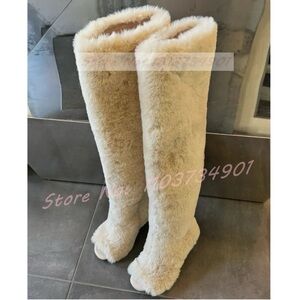 Women's Cream Furry Knee-High Boots